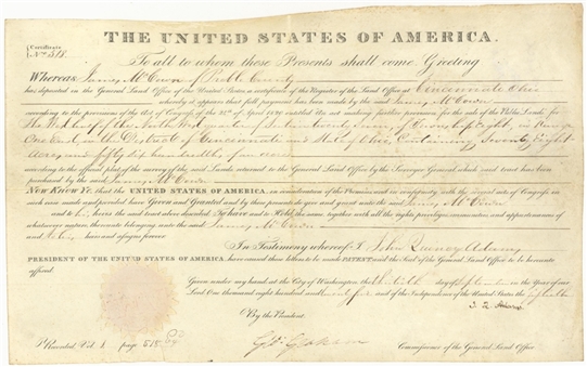 1825 John Quincy Adams Signed Land Grant Document (Beckett)
